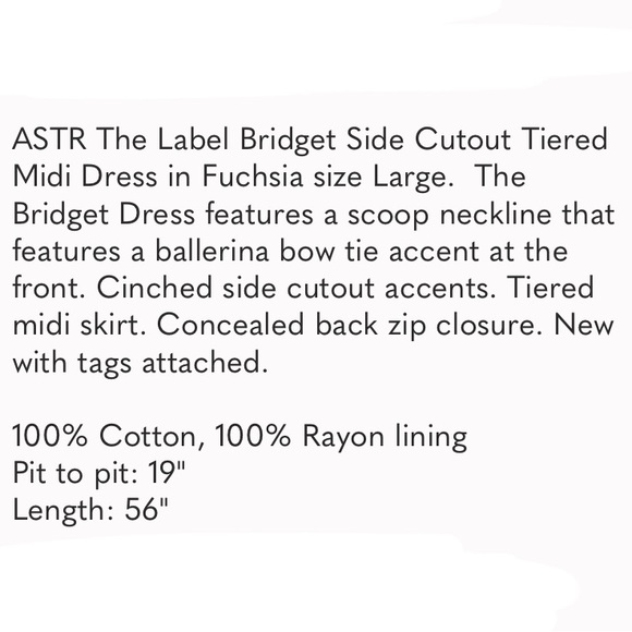 ASTR The Label NWT Bridget Side Cutout Tiered Midi Dress in Fuchsia size Large - Picture 6 of 6